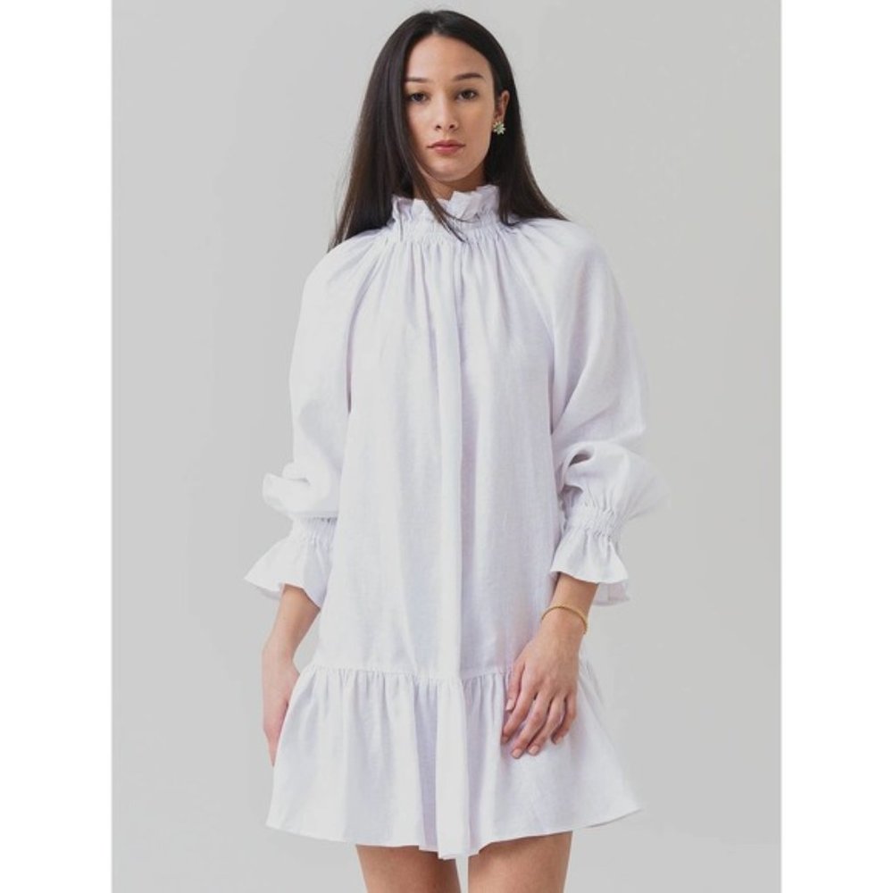 Ephemera Ruffle High Neck Linen Garland Smock Dress White Women's Size: 4 NWT
